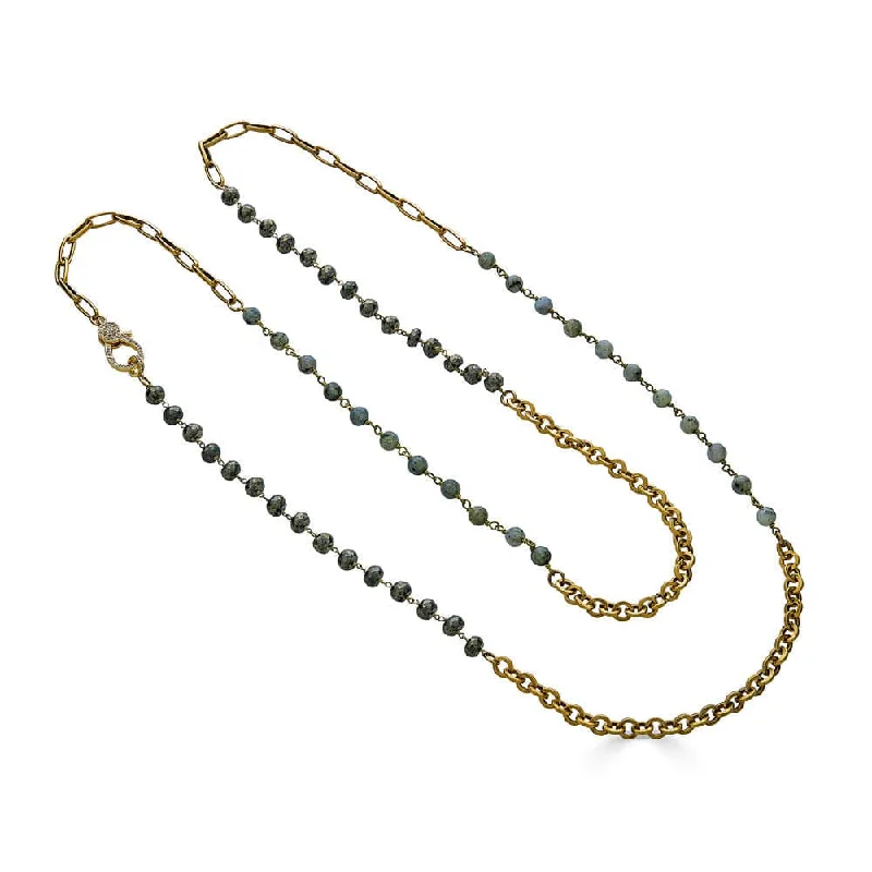 Long Pyrite and Labradorite Gold Necklace