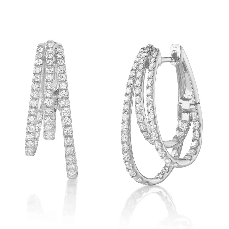 14K Gold 1.53 Carat Split Triple Row Hoop Earrings