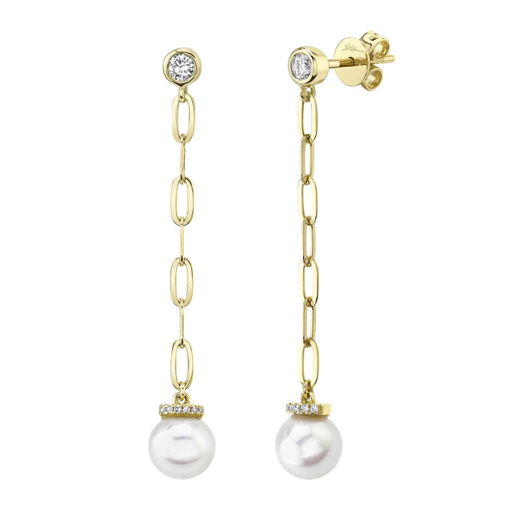 14K Gold Pearl & Diamond Paperclip Chain Drop Earrings