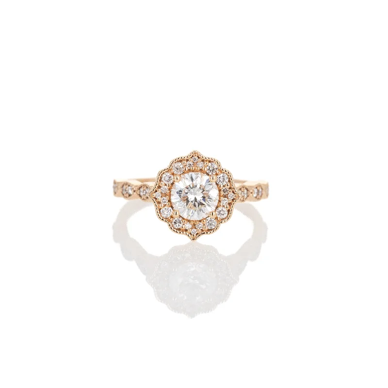 14K Rose Gold 1.02 Carat Round Brilliant Diamond Scalloped Halo Engagement Ring