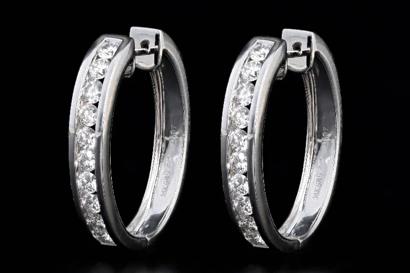 14K White Gold 1.97 Carat Total Weight Round Diamond Oval Hoop Earrings