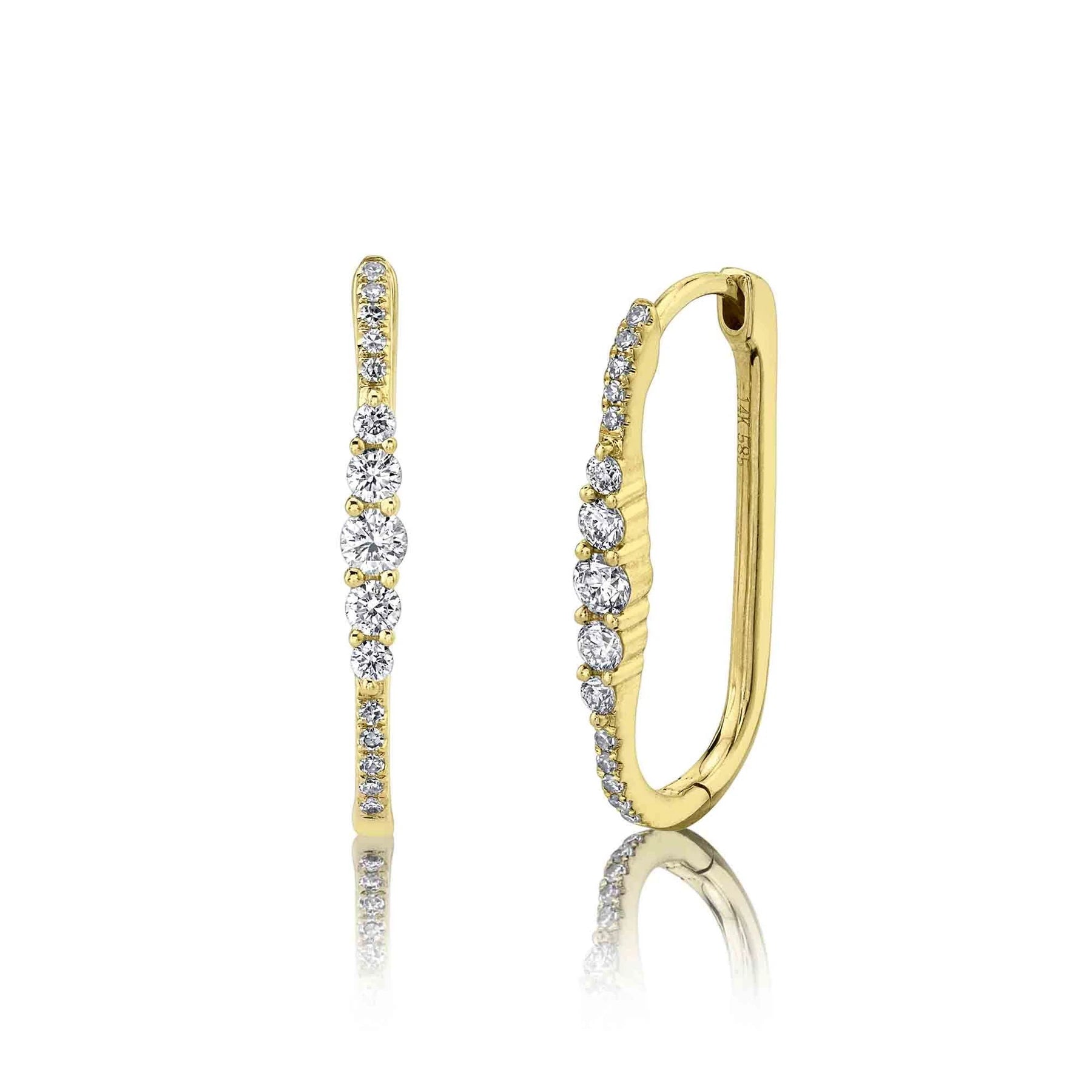 14K Gold Graduated Round Diamond Paperclip Hoop Earrings