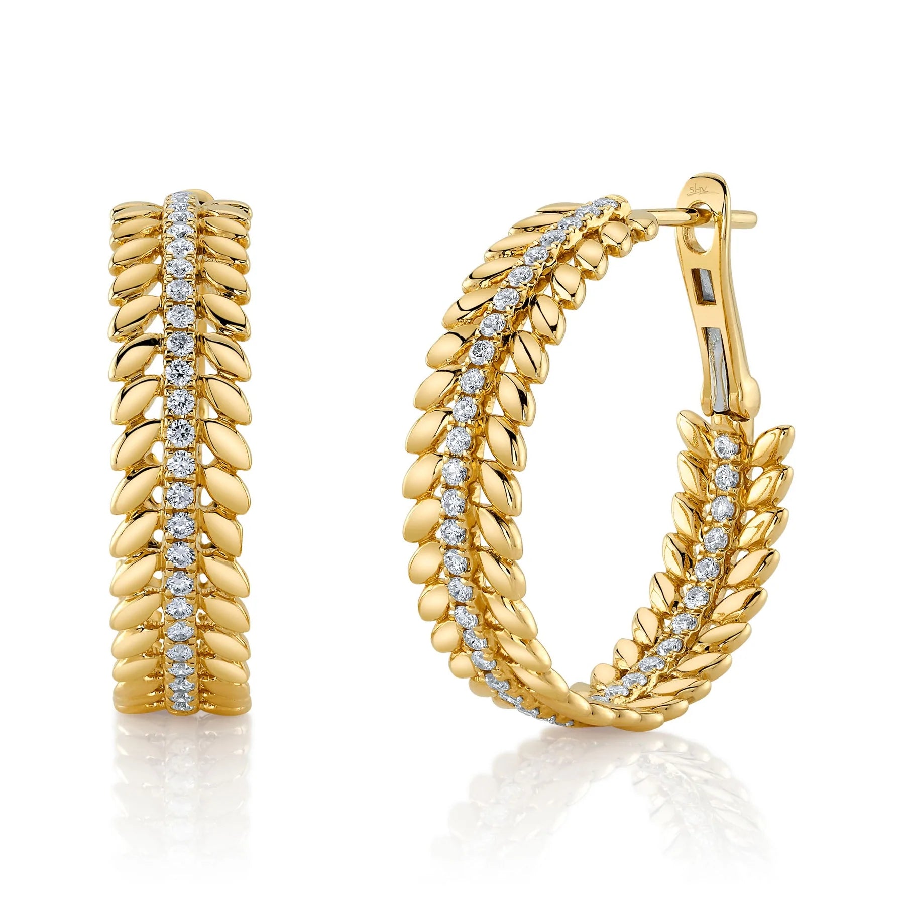 14K Yellow Gold 0.72 Carat Total Weight Diamond Laurel Wreath Hoop Earrings