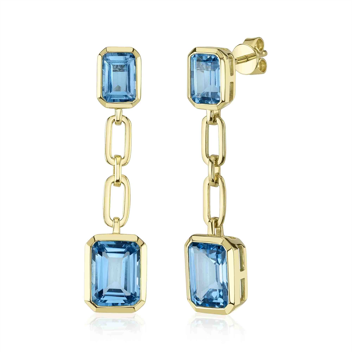 14K Yellow Gold Blue Topaz Dangle Paperclip Earrings