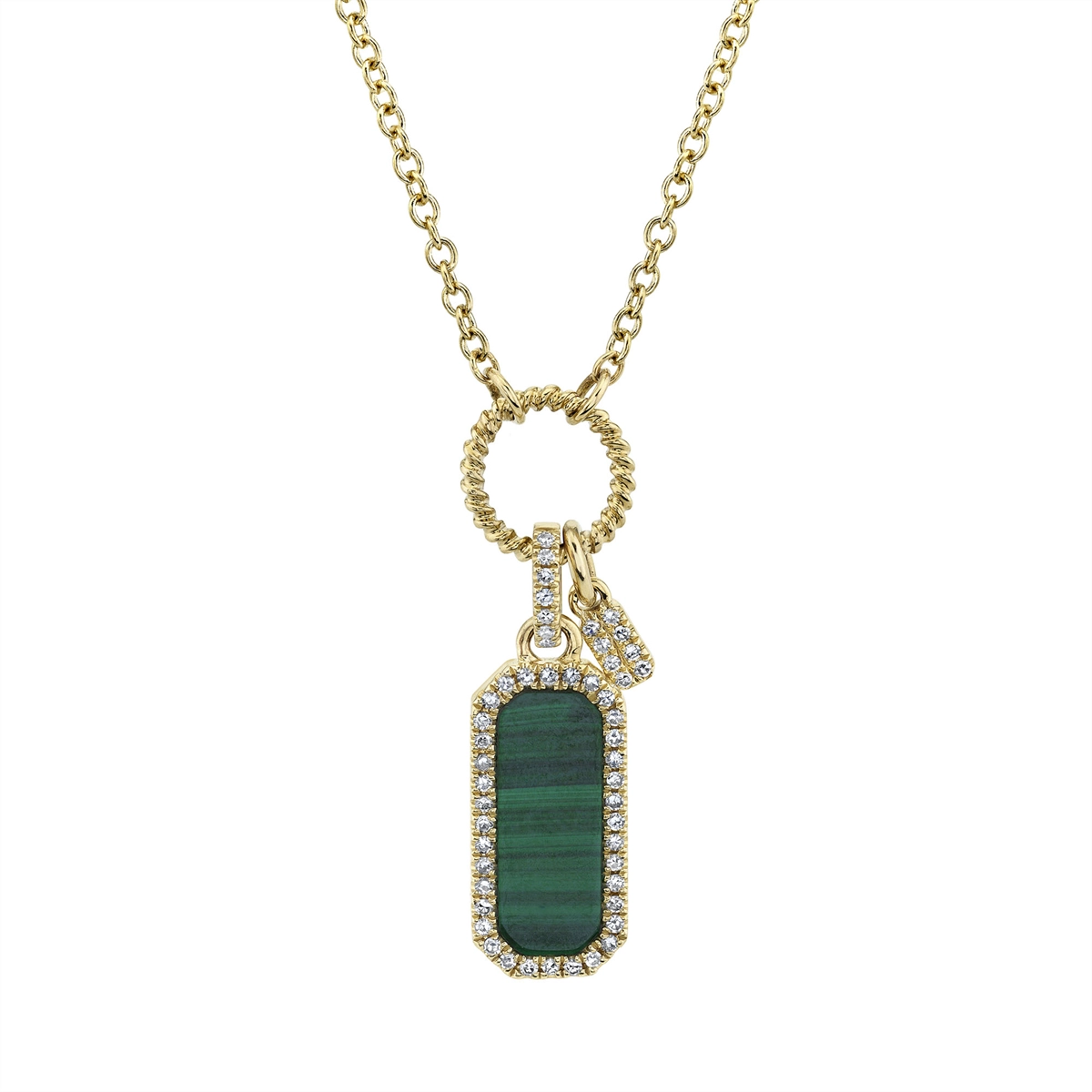 14K Yellow Gold Malachite and Diamond Dog Tag Necklace