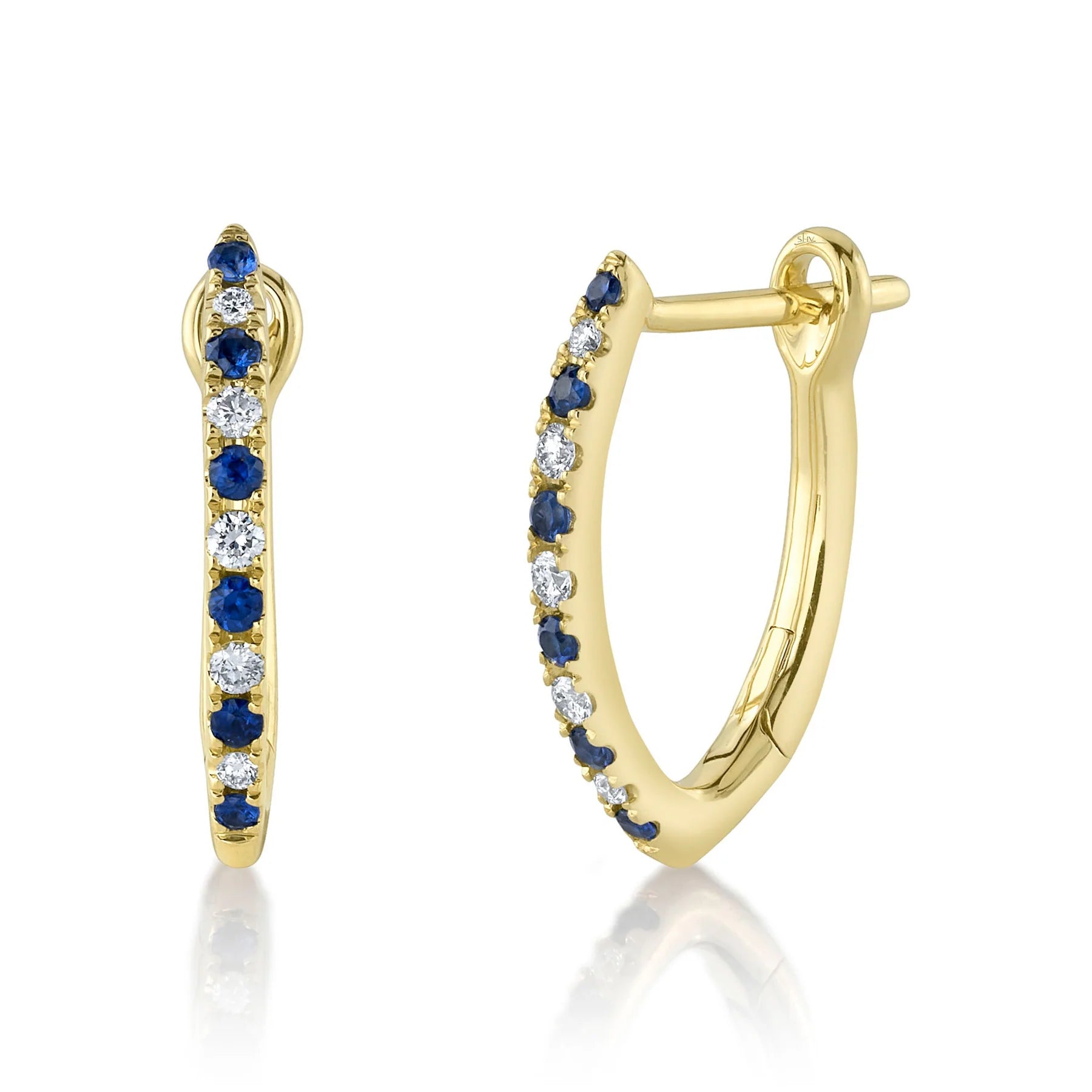 14K Gold Natural Sapphire Diamond Hoop Earrings