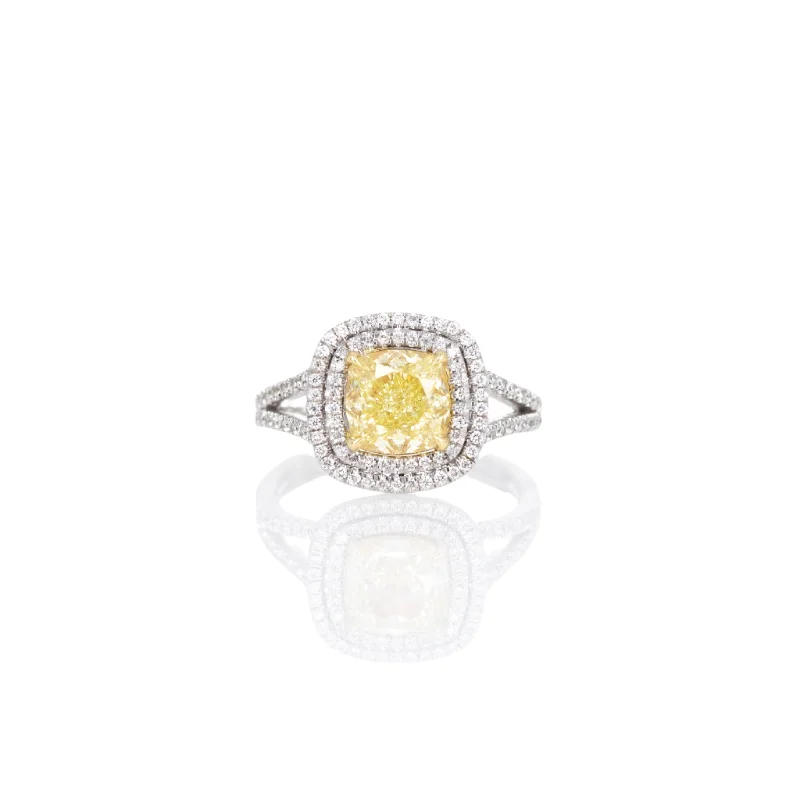 2.06 Carat Fancy Yellow Cushion Diamond Halo Engagement Ring