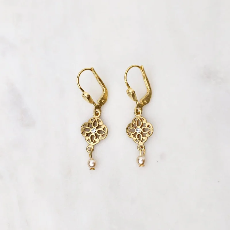 Gold Small Crystal Lotus Earrings with Pearl Drop