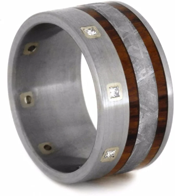 8-Stone Diamond Gibeon Meteorite, Arizona Ironwood 11mm Comfort-Fit Brushed Titanium Wedding Band, Size 12