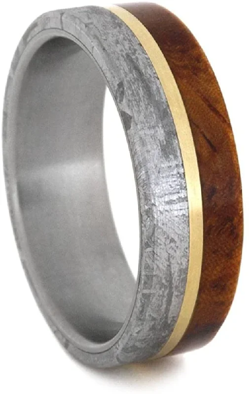 Amboyna Burl Wood, Gibeon Meteorite, 14k Yellow Gold 7mm Comfort-Fit Matte Titanium Wedding Band, Size 8