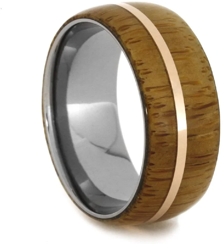 Bamboo 14k Rose Gold Pinstripe 9mm Comfort-Fit Titanium Wedding Band, Size 13