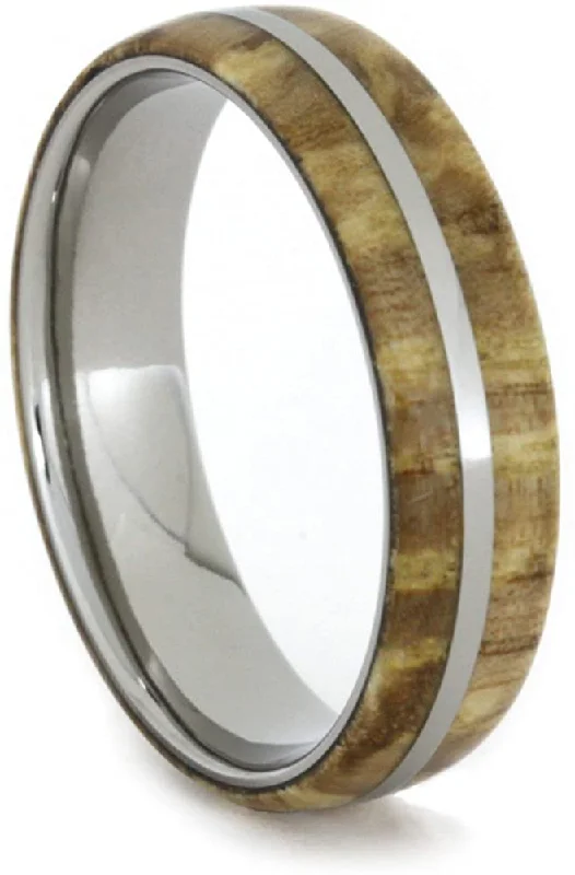 Black Ash Burl Wood with Titanium Pinstripe 6mm Comfort-Fit Titanium Wedding Band, Size 4.75