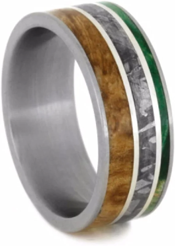 Black Ash, Green Box Elder Burl Wood, Gibeon Meteorite 8mm Comfort-Fit Matte Titanium Wedding Band, Size 9.25