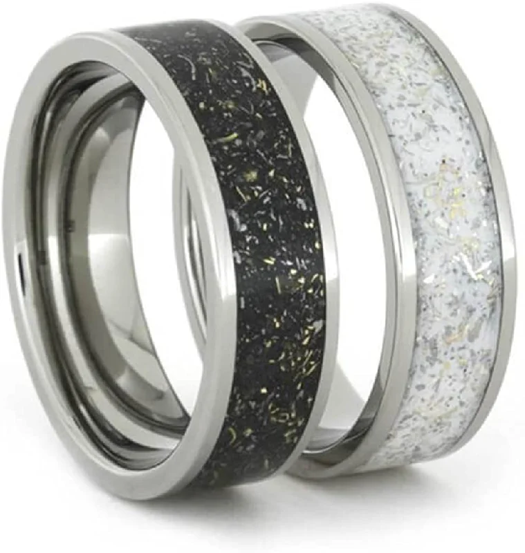 Black Stardust Band, White Stardust Band with Meteorite and Gold 7mm Comfort-Fit His and Her Wedding Bands Set Size, M14.5-F9