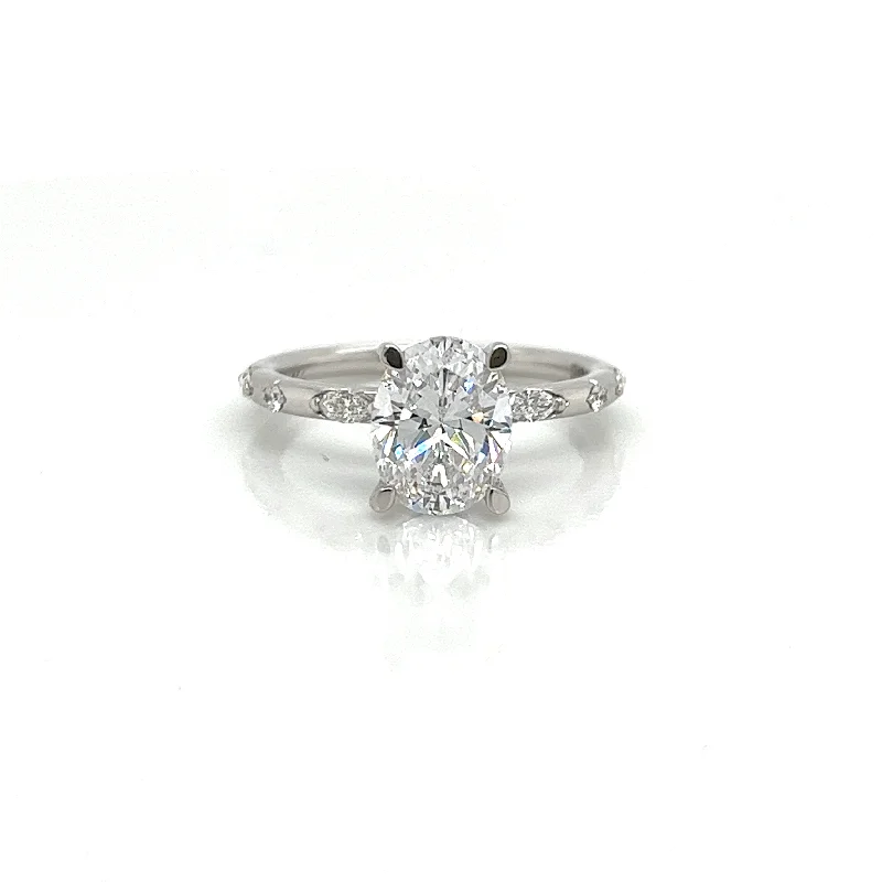 Oval Center Side Stone Diamond Engagement Ring Setting in 14K White Gold (.23ctw)