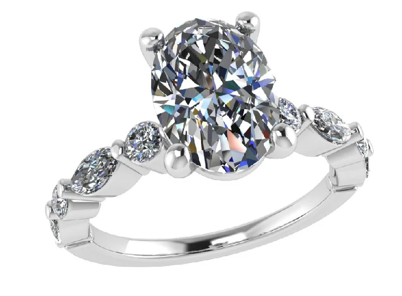 Oval Center Side Stone Diamond Engagement Ring Setting in 14K White Gold (.41ctw)