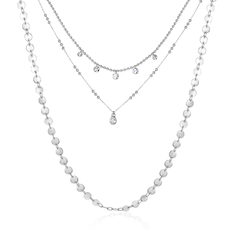 Stainless Steel Triple Strand Chain Necklace with Clear Crystal Charms