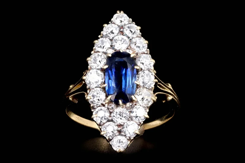 Antique Edwardian 18K Yellow Gold 1.25 Carat Ceylon Blue Sapphire and Old European Cut Diamond Navette Ring