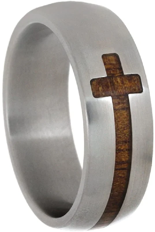 Cross Koa Wood Inlay 8mm Comfort-Fit Matte Titanium Wedding Band, Size 12.5