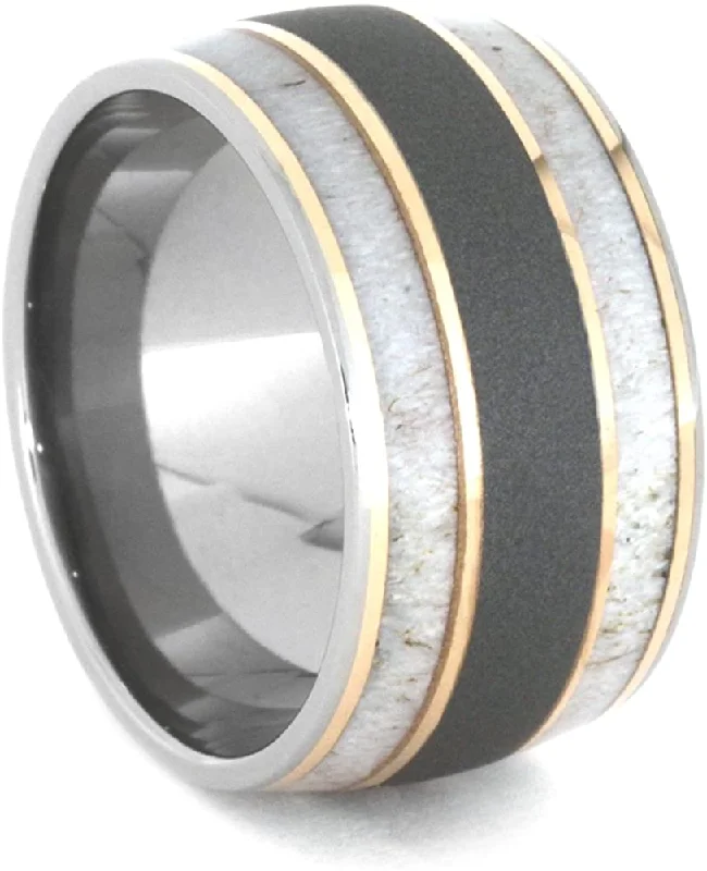 Deer Antler, 14k Rose Gold 9mm Comfort-Fit Sandblasted Titanium Wedding Band, Size 9.5