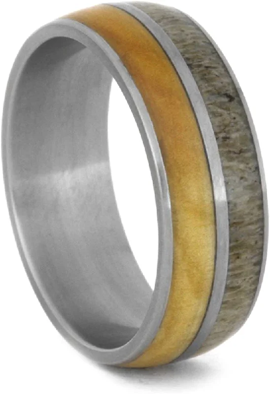 Deer Antler, Birch Wood 8mm Comfort-Fit Matte Titanium Wedding Band, Size 11.5