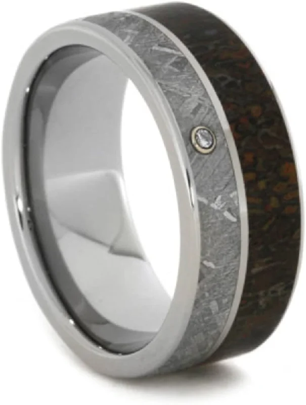 Diamond Gibeon Meteorite, Dinosaur Bone 8mm Comfort-Fit Titanium Band, Size 12