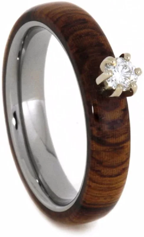 Diamond Solitaire Honduran Rosewood 4mm Comfort-Fit Titanium Wedding Band, Size 9.5