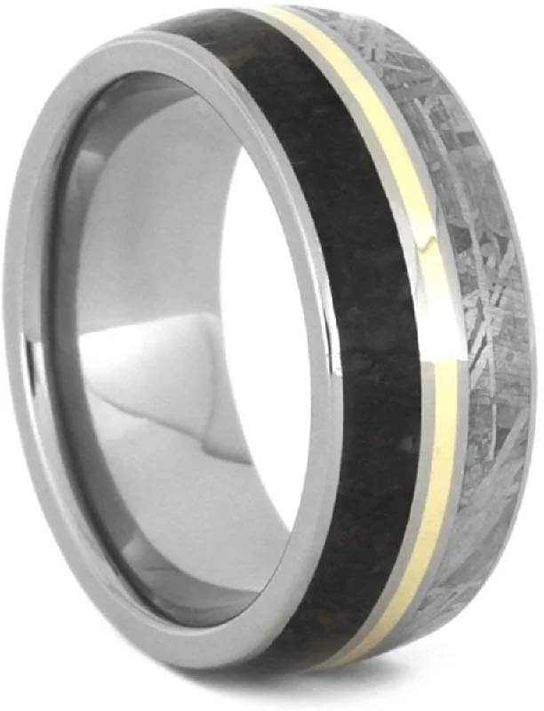 Dinosaur Bone, Gibeon Meteorite, 14k Yellow Gold 9mm Titanium Comfort-Fit Wedding Band, Size 5