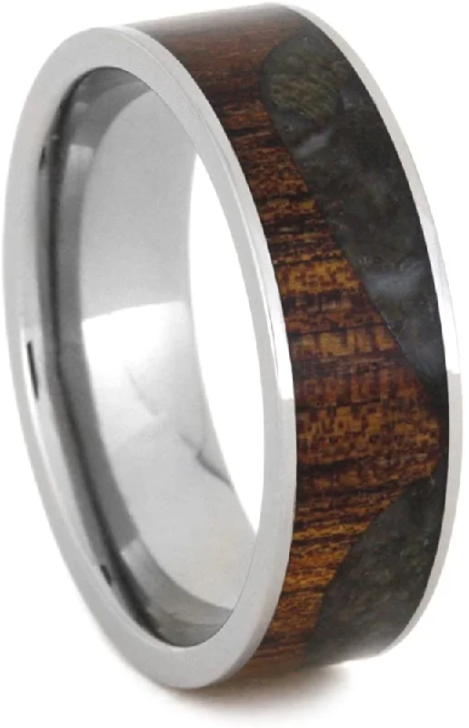 Dinosaur Bone Wave Pattern, Koa Wood 7mm Comfort-Fit Titanium Wedding Band, Size 8.75