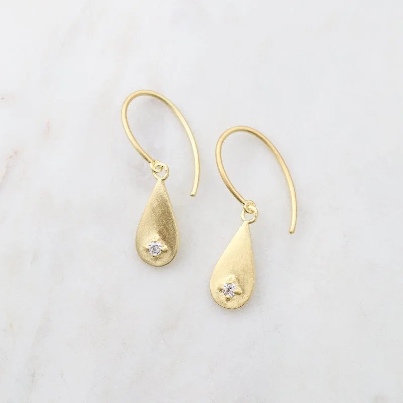 Brushed Gold Vermeil Dewdrop with CZ on Oval Hook Earrings