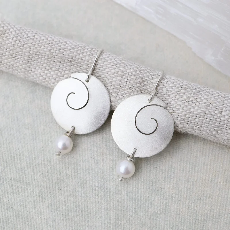 Matte Flat Spiral with Pearl Drop Earrings