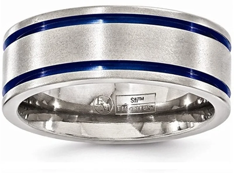 Edward Mirell Brushed Titanium Double Blue Grooved Anodized 8mm Flat Wedding Band, Size 11.5