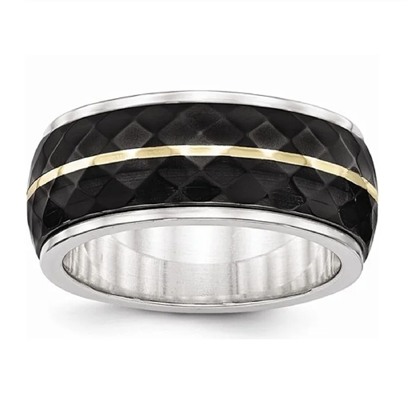 Edward Mirell Titanium and Black Titanium Inlay with 14k Yellow Gold Stripe 10mm Wedding Band, Size 8.5