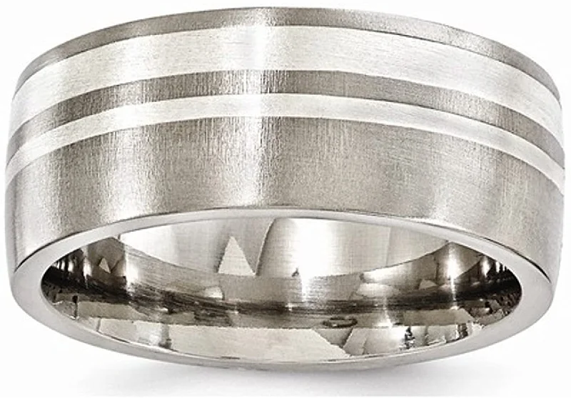 Edward Mirell Titanium and Sterling Silver Two-Tone Flat 9mm Wedding Band, Size 9