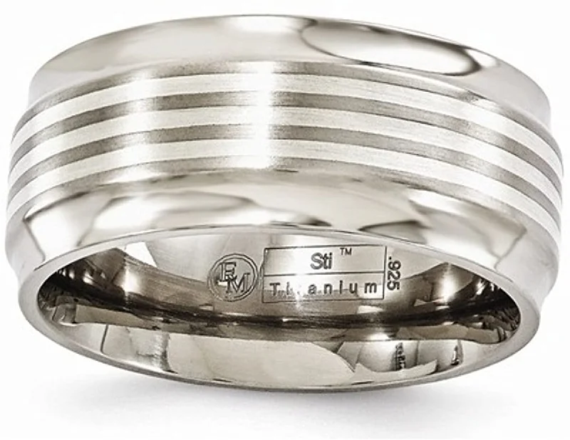 Edward Mirell Titanium with Sterling Silver Inlay 9mm Beveled Edge Wedding Band, Size 10.5