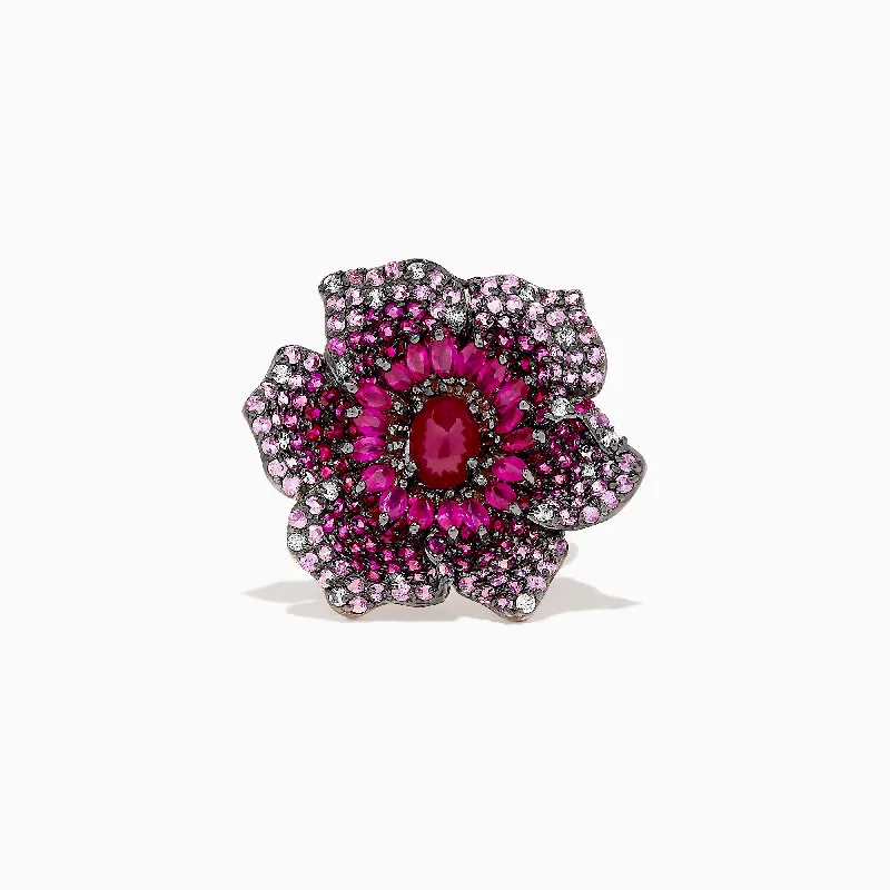 14K Rose Gold Ruby, Sapphire and Diamond Flower Ring, 5.92 TCW