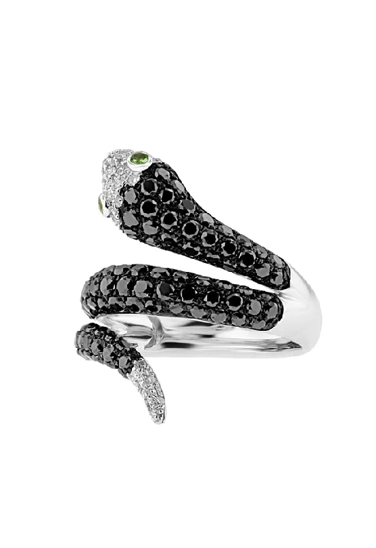 14K White Gold Black and White Diamond Snake Ring, 1.74 TCW