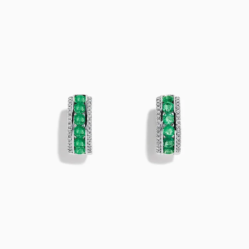 14k White Gold Emerald and Diamond Huggie Hoop Earrings, 1.51 TCW