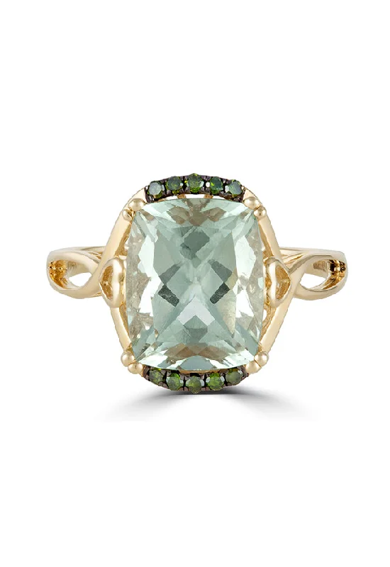 14K Yellow Gold Green Amethyst and Diamond Ring, 3.73 TCW