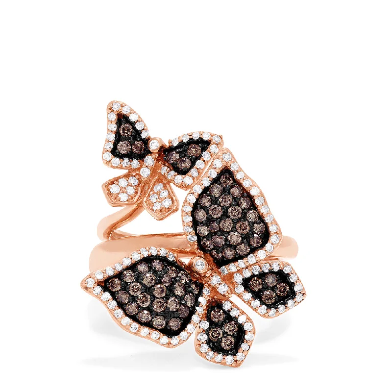 Limited Edition Brown and White Diamond Butterfly 2 or 1 Finger Ring, 1.18 TCW