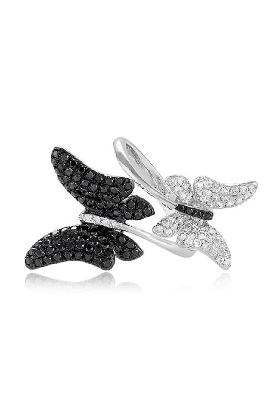 Nature 14K White Gold Black and White Diamond Butterfly Ring, 1.15 TCW