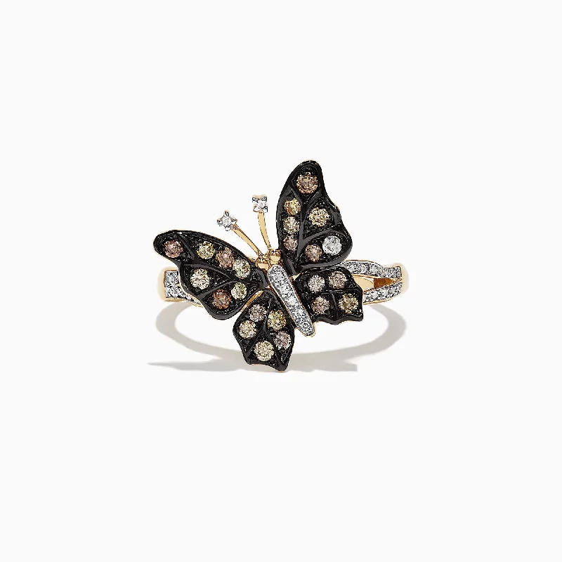 Nature 14K Yellow Gold Espresso & White Diamond Butterfly Ring, 0.45 TCW