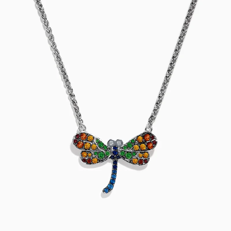 Nature Sterling Silver Multi Gemstone Dragonfly Necklace