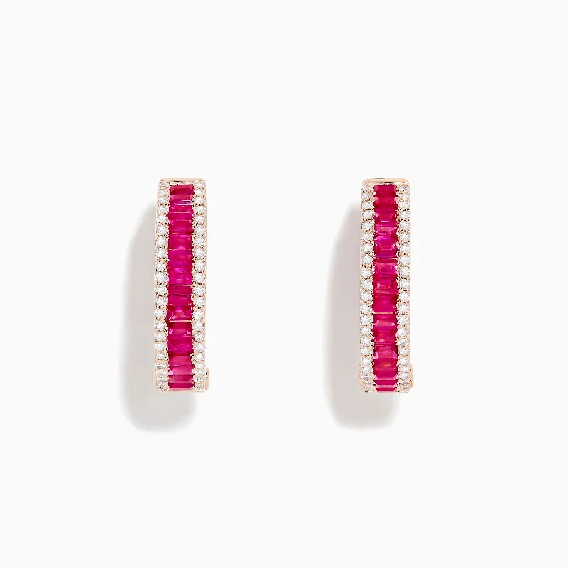 Ruby Royale 14K Rose Gold Baguette Cut Ruby 3/4" Hoop Earrings