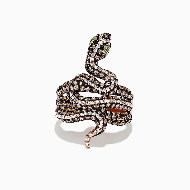 Safari 14K Rose Gold Brown and White Diamond Snake Ring, 1.85 TCW