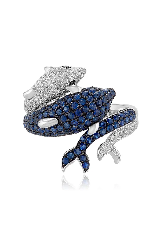 Seaside 14K White Gold Blue Sapphire & Diamond Dolphin Ring, 1.39 TCW