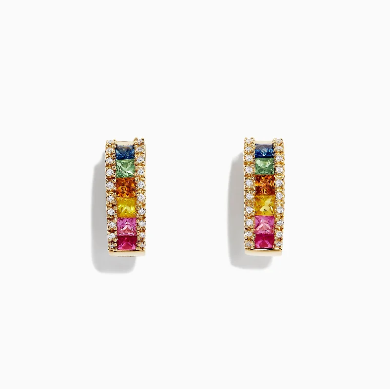 Watercolors 14K Yellow Gold Multi Sapphire & Diamond Hoop Earrings, 1.76 TCW