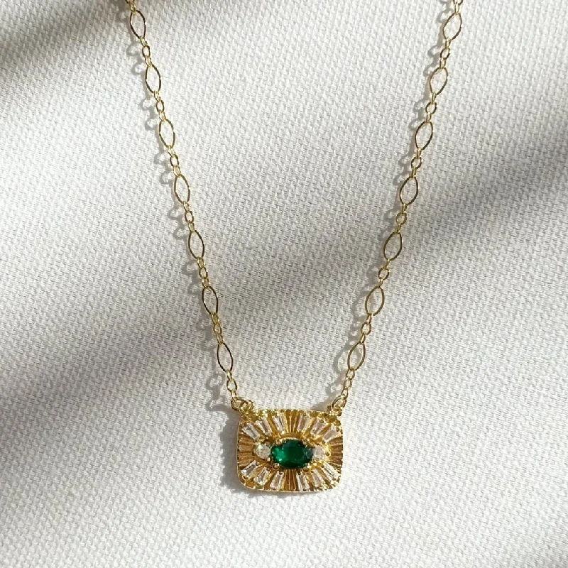 Green Evil Eye Medallion Necklace Gold Filled