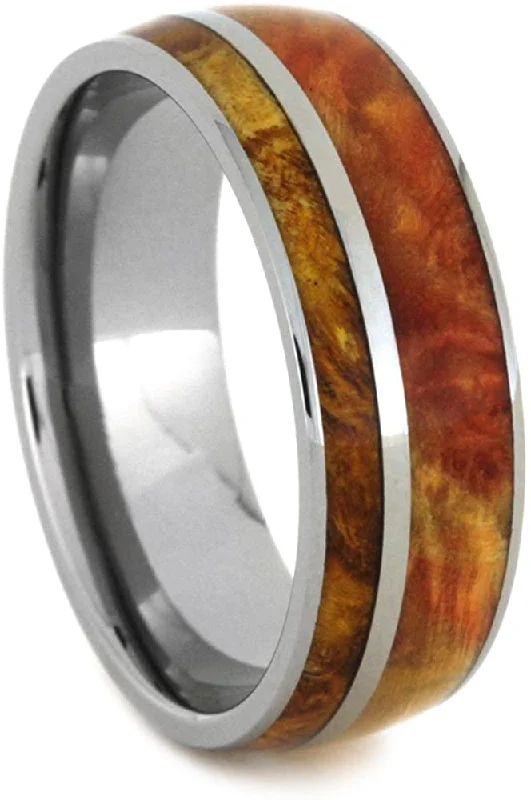 Flame Box Elder Burl, Gold Box Elder Burl Wood 8mm Comfort-Fit Titanium Wedding Band, Size 12.5