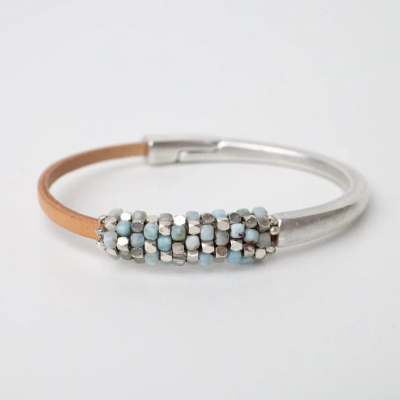 Aquamarine On Natural Leather and Half Silver Cuff Bracelet